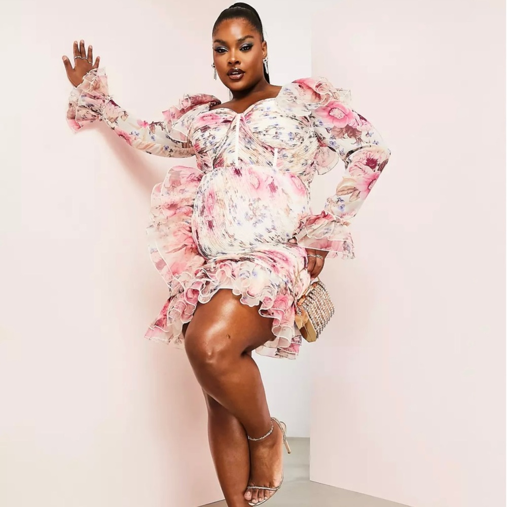 ASOS LUXE Curve organza ruffle ruched long sleeved mini dress in floral print